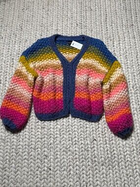 SAACHI-Chunky Cropped Striped Knit Cardigan in Multicolor with Navy Trim